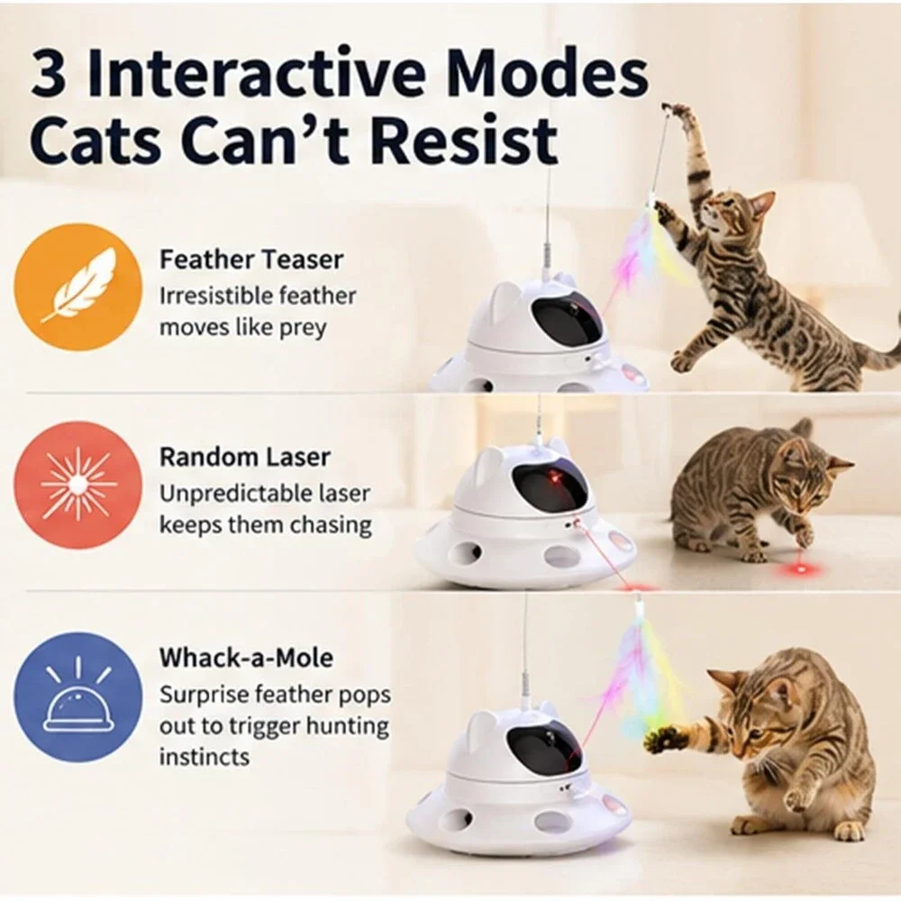 3-in-1 Auto Laser Cat Toy USB Rechargeable Motion Activated Feather Chase Toy